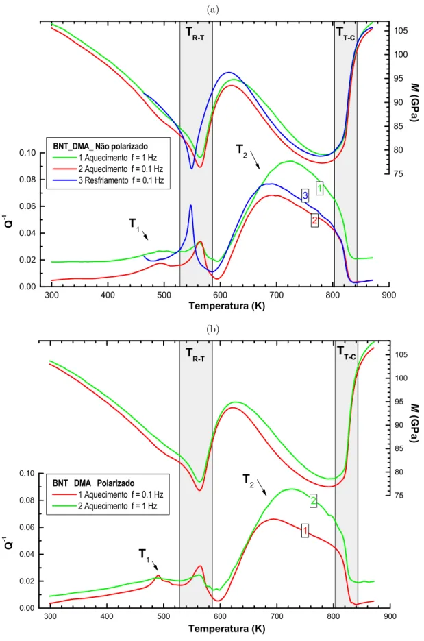 Figura 3.6: Espectros anelásticos do BNT obtidos no DMA. (a) Obtido com a amostra não polarizada
