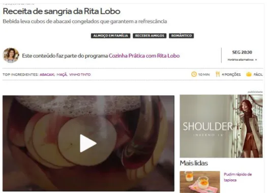 Figura 9 Website de Culinária do canal GNT, do Cozinha Prática com Rita Lobo.  