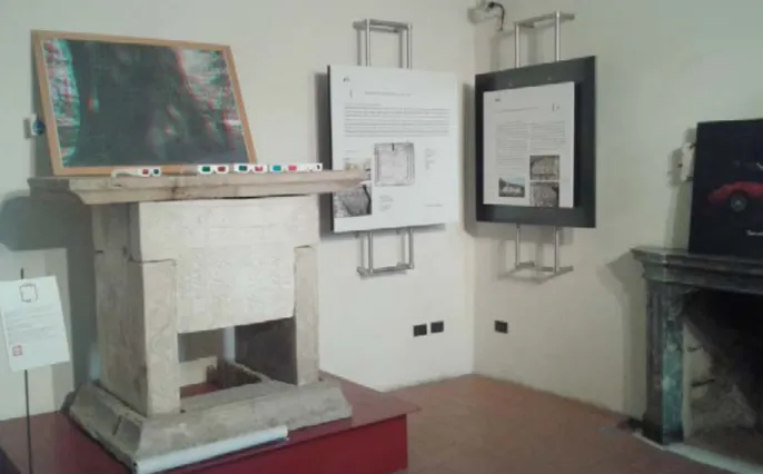 Fig. 10: Saura, Á. Fotografía en 3D de la autora compartiendo espacio con pieza emblemática del museo de  Eroli; Narni, Italia 2014.