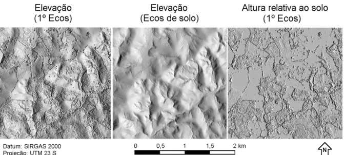 Figura  8  –  Subtração da imagem de elevação dos ecos do solo (imagem central) da elevação dos     primeiros ecos (imagem à direita), resultando em uma imagem que pode ser usada como um modelo  de altura do dossel (CHM) (imagem à esquerda)