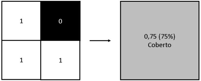 Figura 13 – Exemplo do cálculo da porcentagem de cobertura. Os pixels do CHM (imagem da esquerda)  considerados como cobertos por vegetação tem valor 1 e os pixels considerados como clareiras tem  valor 0