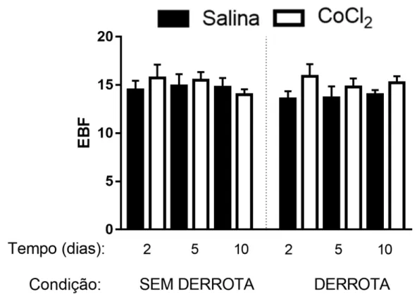 Figura 4 – Ausência de Efeitos da microinjeção de CoCl 2  (1 mM) no CPFmE de camundongos,  na  frequência  de  entradas  nos  braços  fechados  (EBF)  em  2,  5  e  10  dias  após  a  interação não-agressiva ou derrota social 