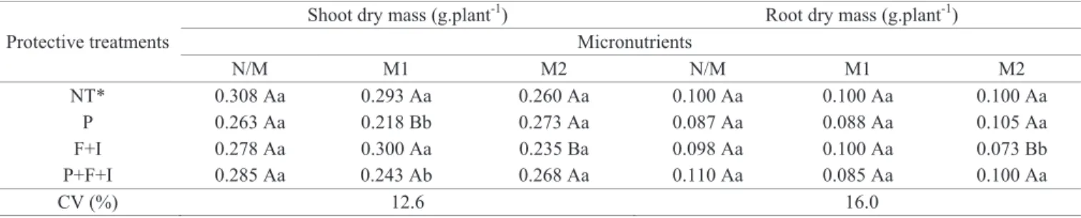 Table 3.  Shoot dry mass and root dry mass at seven DAS in the wheat culture submitted to seeds treatment with micronutrients  and protective treatments (fungicide + insecticide and/or polymer), in 2012.
