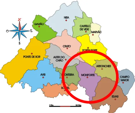 Figura 4 - Distrito de Portalegre/Localização Geográfica dos Concelhos de Arronches e  Monforte (Fonte: www.iberpita.com) 