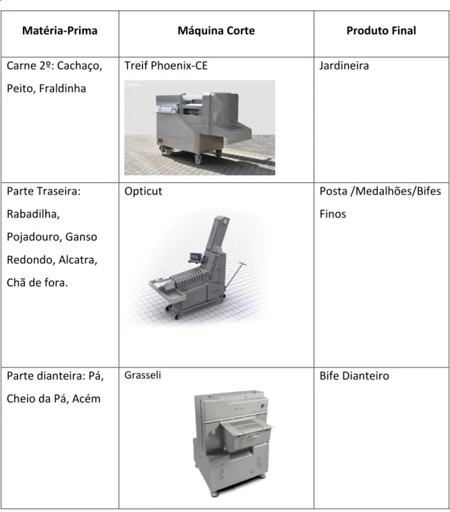 Tabela 7 - Identificação de cada matéria-prima e máquina de corte para a obtenção do produto final, na gama  fatiados bovino 