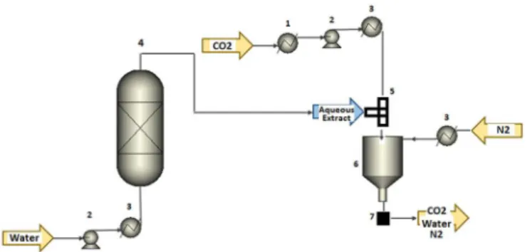 Figure 4. Scheme of the pressurized liquid extraction (PLE) process  using water as extracting solvent named also by pressurized hot water  extraction (PHWE) coupled with carbon dioxide-assisted nebulization  with a bubble dryer (CAN-BD) process