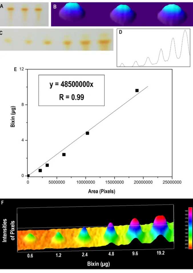 Figure 9. Validation steps of the bixin determination method. (A) Image of plate chromatography refers to method repeatability; (B) Image  A manipulated with ImageJ (Interactive 3D Surface Plot - Thermal LUT); (C) Image of the chromatographic plate refers 