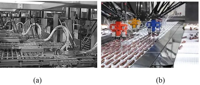 Figure 2. Robots in food industry (a) Demaurex’s line-placer packaging pretzels in an industrial bakery (Bonev, 2014); (b) Three ABB’s FlexPicker  robots sorting and placing salami of the mini pepperoni (ABB, 2016a).