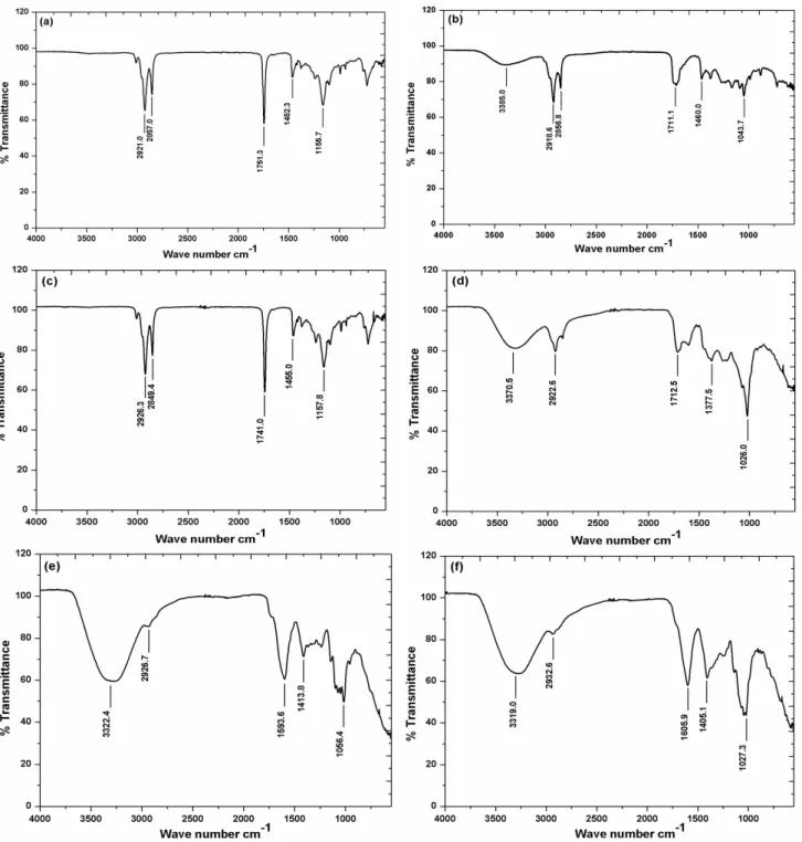 Figure 2. FT-IR spectrum of diethyl ether seeds extract (a); diethyl ether peels fruits extract (b); acetone seeds extract (c); acetone peels fruits  extract (d); methanol seeds extract (e) and methanol peels fruits extract (f) of E