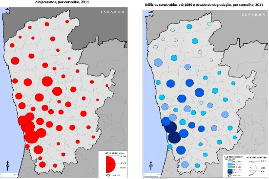 Figura 16:Número de alojamentos (à esquerda) e o estado de degradação das habitações  construídas até 1980 (à direita) no noroeste de Portugal