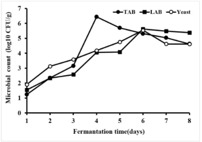 Figure 2. Effect of fermentation time on microorganisms counts of  Tarhana dough.