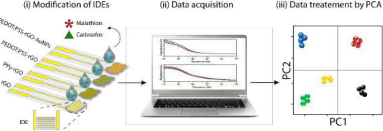 FIGURE 3.3.1: Schematic illustration (i-ii) of the impedimetric e-tongue system based  on graphene hybrid nanocomposites for detection of trace levels of OPs pesticides