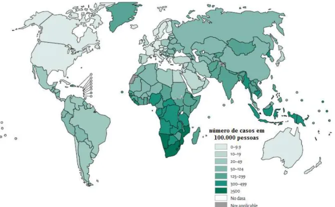 FIGURA 1.11 – Estimativa da incidência de tuberculose por país (adaptado de 
