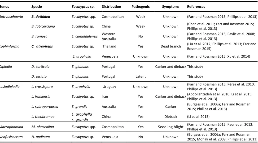 Table 1.1: Botryosphaeriaceae species confirmed to be associated to eucalypts plants, distribution and associated symptoms