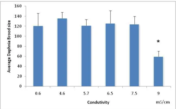 Figure 2.5 – Average of brood size (number of neonates per female), with the respective standard  deviation  (error  bars),  of  females  of  Daphnia  magna  exposed  to  serial  dilutions  of  NaCl