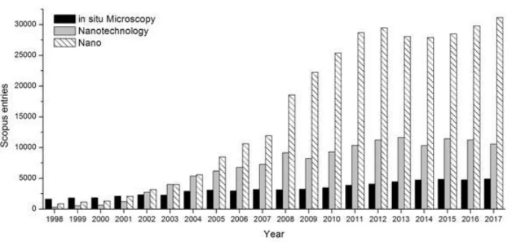 Figure 1.1 - Number of scientific publications per year related to nano,  nanotechnology or in situ microscopy