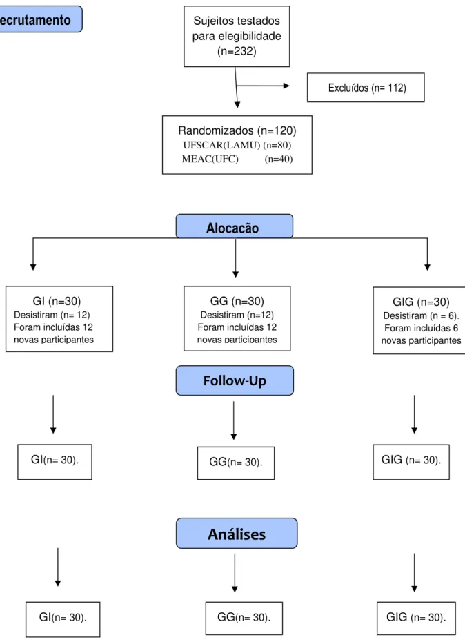 Figura 2  –  Fluxograma Consolidated Standards of Reporting Trials                                        Follow-Up Análises Recrutamento       GI (n=30) Desistiram (n= 12) Foram incluídas 12 novas participantes           Alocação  GIG (n=30)  Desistiram (