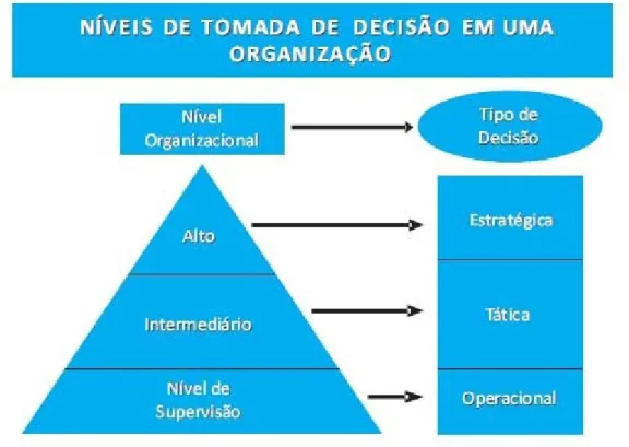 Figura 1: Níveis de tomada de decisão em uma organização. Fonte: Préve,  Oliveira-Moritz e Fernandes-Pereira (2010)