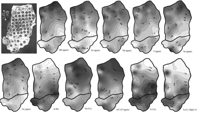 Fig. 3 – Sketch of studied muscovite plate with location of the analyzed points and distribution maps of the compositional contour lines for selected elements.