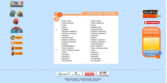 Figura 5: Página &#34;Pré-escolar 3/4 anos&#34; (acedido através do menu &#34;Escolinha&#34;) com os restantes itens  do menu da &#34;Escolinha&#34; à direita  