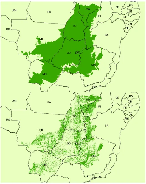 Figura 2.3 – Áreas de distribuição do Cerrado e principais remanescentes de vegetação nativa  do bioma no ano de 2002