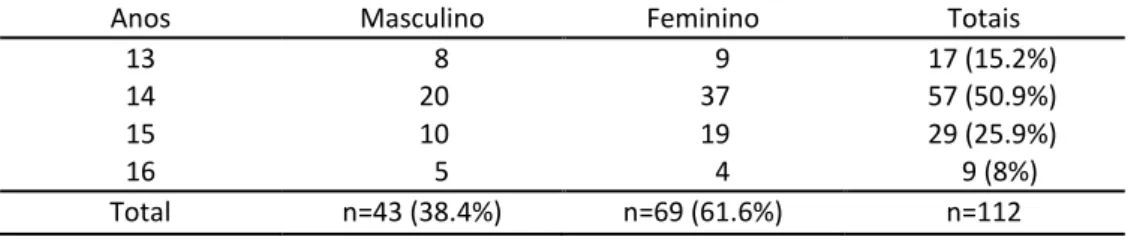 Tabela 4.1 – Frequência e percentagem da amostra por sexo e idade. 