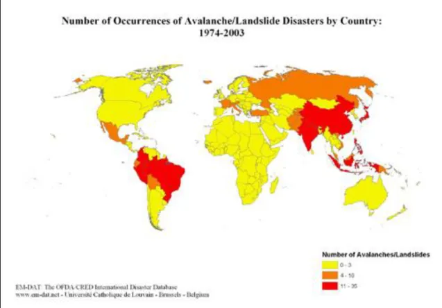 Figura 1.1 - Número de ocorrência de  desastres naturais ocasionados por avalanches e  movimentos de  massa por país entre 1974 e 2003 (EM-DAT, 2015)