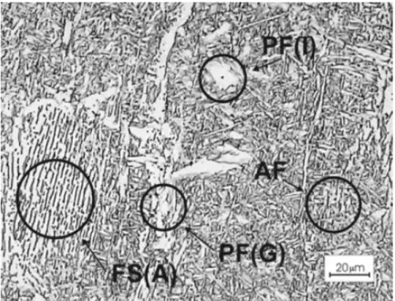 Figura 3.3 - Microfotografia do metal de solda de um aço baixo carbono: PF(I) - Ferrita  poligonal intragranular, PF(G) – Ferrita primária de contorno de grão, FS(A) - Ferrita de 