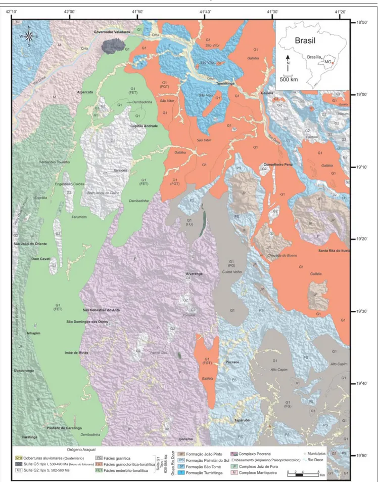 Figura 1 - Mapa geológico da região compreendida entre Governador Valadares e Ipanema, MG, enfatizando a distribuição das litofácies  discriminadas para a Suíte G1 (modifi cado de Gonçalves, 2009).