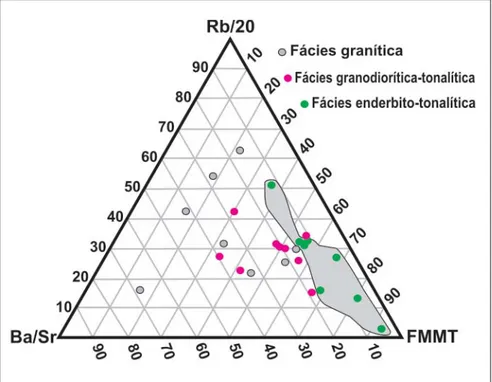 Figura 5 - Disposição das amostras da Suíte G1 no diagrama ternário (Ba/Sr x Br/20 x FMMT); 