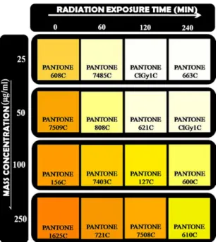 Fig. 7. A standardized colour chart for blue-light phototherapy management based on the colour changes of MEH-PPV solutions exposed to radiation and the Pantone GoeGuide TM colours Code.