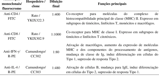 Tabela 2: Painel de anticorpos monoclonais utilizados nos ensaios de imunofenotipagem  celular e marcação de citocinas intracitoplasmáticas no contexto in vitro