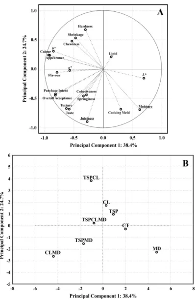 Figure 2. Principal component analysis on variables of the cooked beef burger (A- variables projection; B- samples projection)