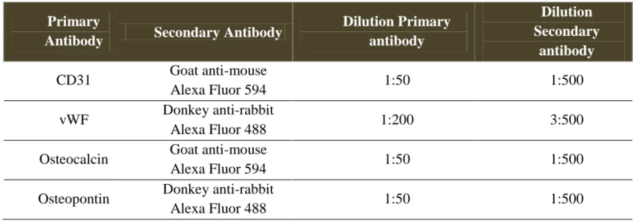 Table 5. Primary and Secondary antibodies used on the immunocytochemistry protocol: optimal dilutions  Primary 