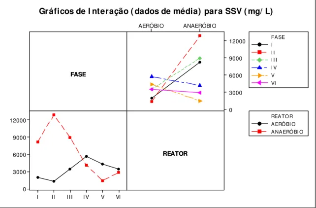 Figura 5.4 – Interação entre o tipo de reator e as fases operacionais para o parâmetro SSV 