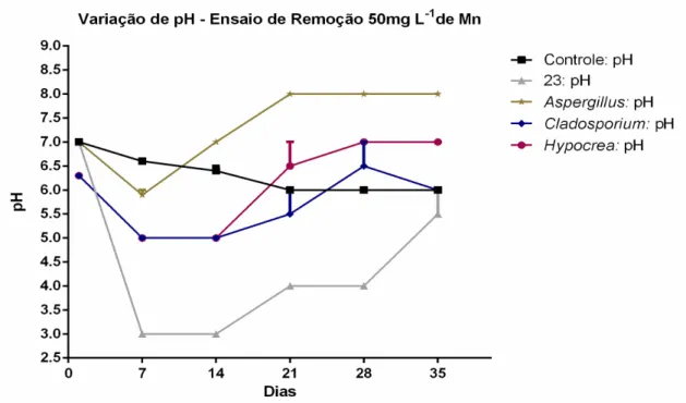 Figura 19: Variação de pH do experimento de remoção de Mn 2+  por fungos filamentosos: A  figura mostra a dinâmica do pH durante os 35 dias de experimento