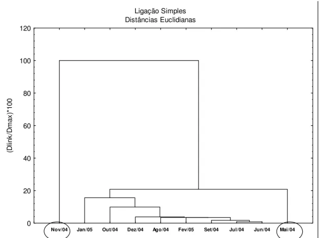 Figura 11: Análise de Agrupamento para os meses de amostragem nas lagoas Carioca,  Jacaré, Gambazinho e Dom Helvécio do Parque Estadual do Rio Doce, considerando a  densidade de coliformes fecais (NMP/100 ml) nos pontos amostrados