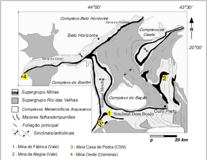 Figura 3.3  –  Localização das minas do Quadrilátero Ferrífero onde as amostras de rejeito de  minério de ferro foram coletadas (Modificado de Tzaskos et al., 2011) 