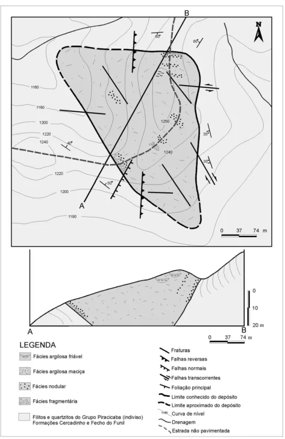 Figura 1.7 - Mapa de distribuição das fácies e aspectos estruturais do depósito do Morro do Caxambu (Santos  1998) 