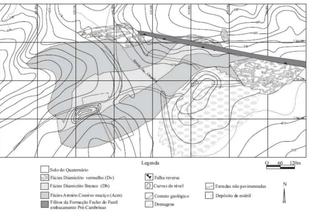 Figura 1.15 - Mapa de distribuição das fácies e aspectos estruturais do depósito de Padre Domingos (Modificado  de Santos 2003)