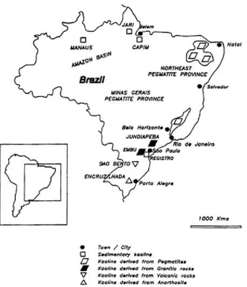 Figura 3.5 - Localização dos depósitos principais dos caulins no Brasil (Wilson et. al