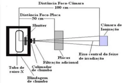 Figura 17 – Esquema ilustrativo do arranjo de irradiação da placa (corpo de prova) com indicação dos  componentes usados durante a exposição à radiação com raios X