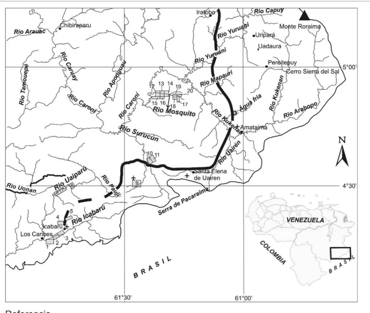 Figura 1: Mapa de localización del área de estudio y distribución de las diferentes zonas producción de diamante en la región de de Santa Elena de Uairén, municipio Gran Sabana, Estado Bolívar (Bellizzian 2001).