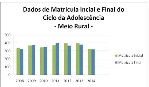 Gráfico 5 - Dados de Matrícula Inicial e Final do Ciclo da Adolescência - Meio Rural. 