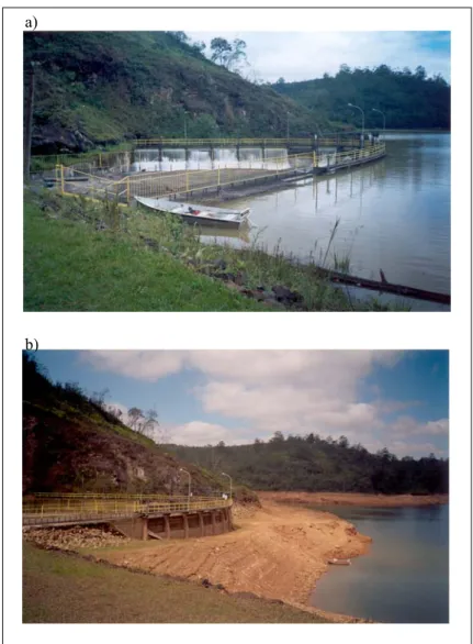 Figura 2.3 - Região da Barragem do Ribeirão da Cachoeira próxima ao vertedouro: a) em março de 2003 (no  período da cheia) e b) em agosto de 2003 (no período de seca).