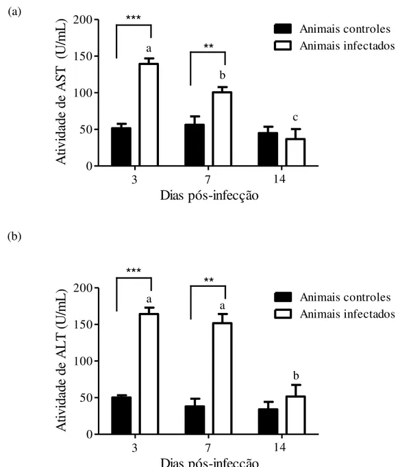 Figura 9: Atividade de aspartato aminotransferase (AST) e alanina aminotransferase (ALT) em  soro de camundongos BALB/c infectados ou não com o vírus  Caraparu
