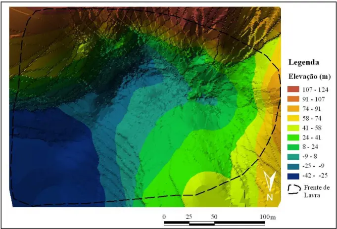 Figura 4.3 – Mapa hipsométrico da Pedreira Etgran mostrando 1 única frente de lavra abandonada.