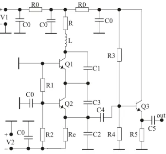 Fig. 2. Full circuit diagram of   the two-stage Colpitts oscillator 