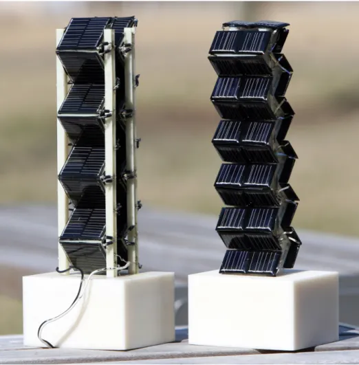 Figura 2.15: Duas vers˜ oes em escala pequena dos pain´ eis fotovoltaicos 3D usados por Jeffrey Grossman e sua equipa no telhado do MIT para medir a sua produ¸ c˜ ao el´ etrica di´ aria [47]