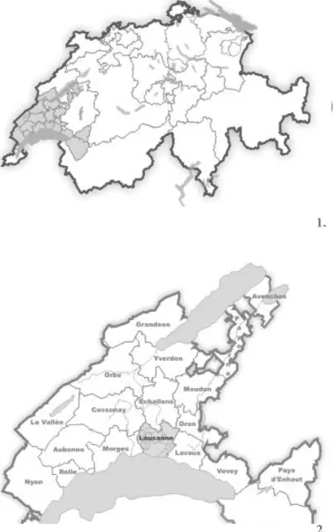 1. Mapa da Suiça  2. Mapa do cantão Vaud, capital - Laussane  